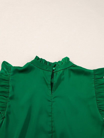 Vibrant Green Pleated Sleeveless Blouse with Frilled Mock Neck