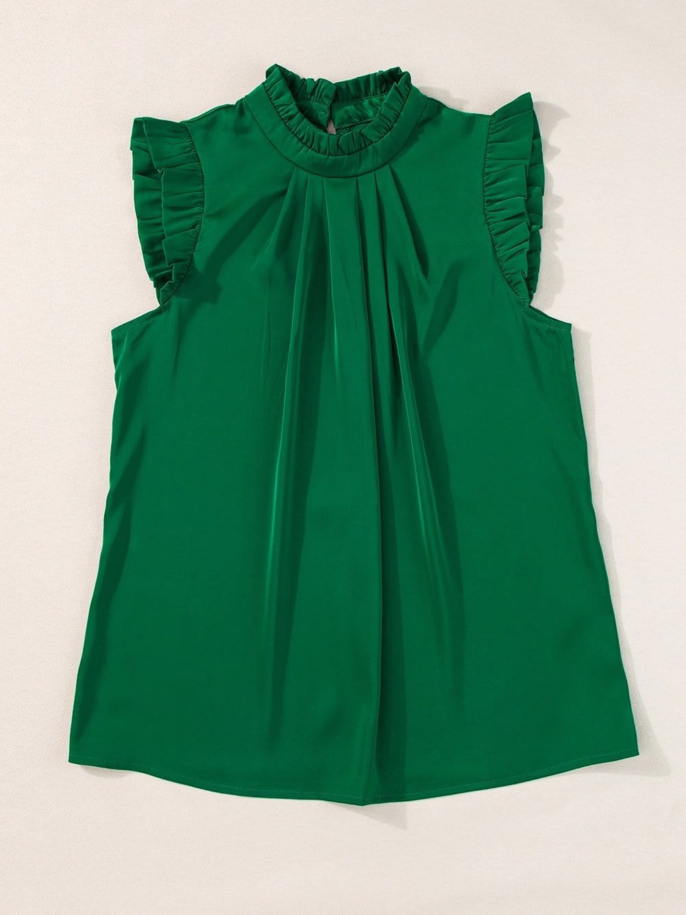 Vibrant Green Pleated Sleeveless Blouse with Frilled Mock Neck