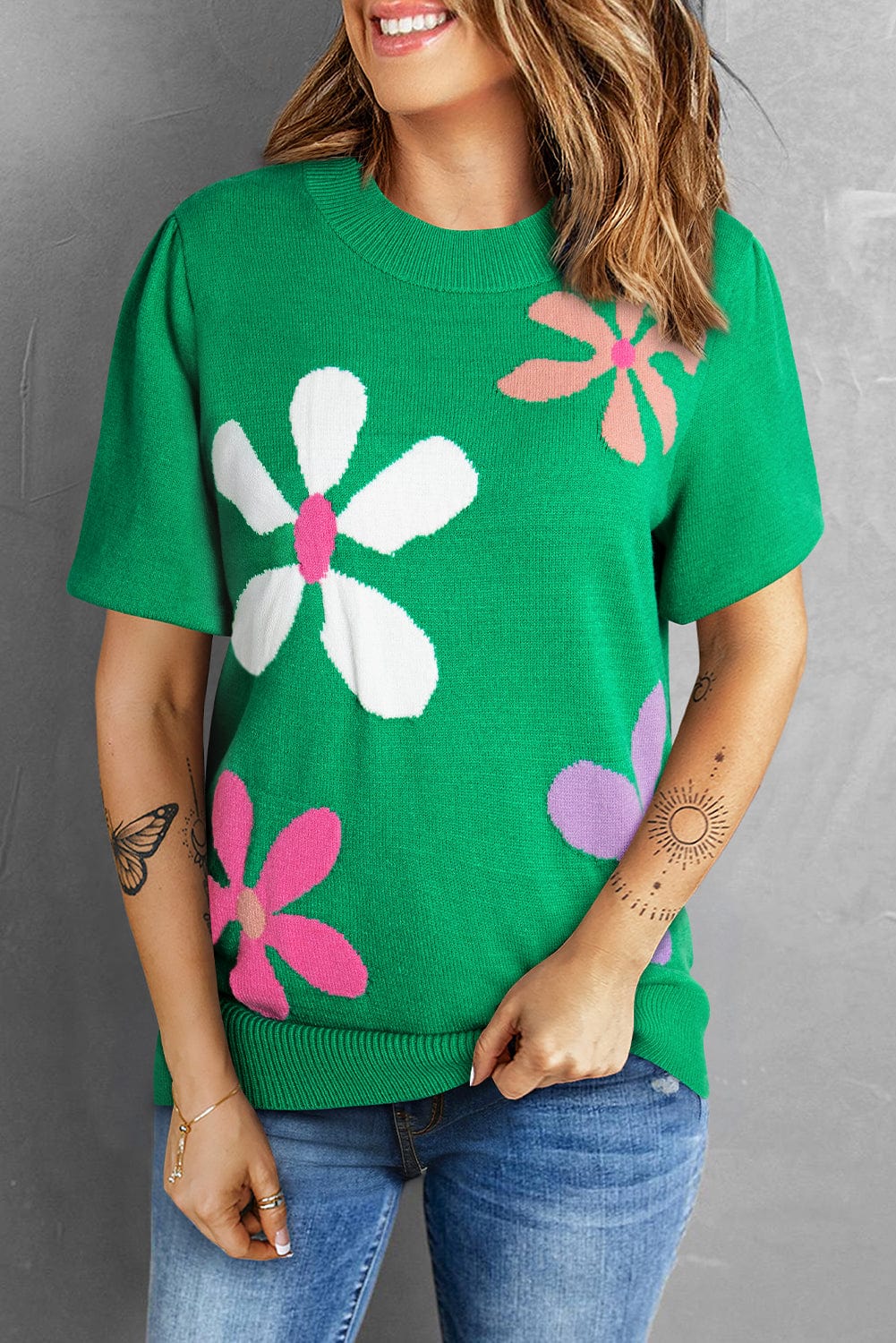 Vibrant Green Vintage Floral Bubble Sleeve Top