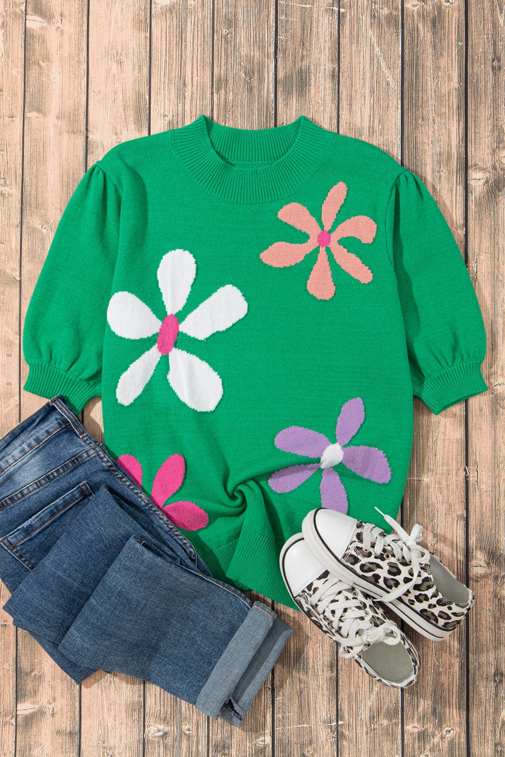Vibrant Green Vintage Floral Bubble Sleeve Top