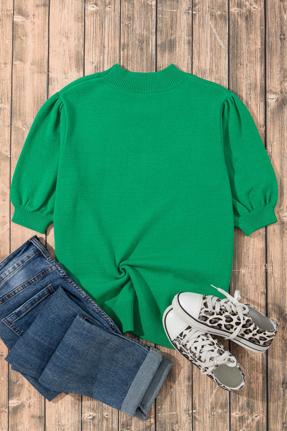 Vibrant Green Vintage Floral Bubble Sleeve Top