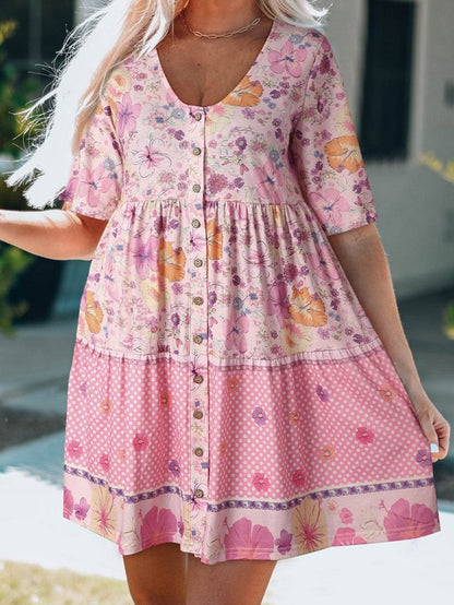 Vibrant Hibiscus Blossom Ruffled Mini Dress