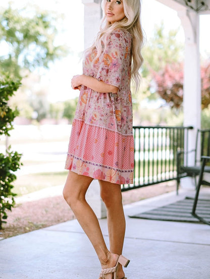 Vibrant Hibiscus Blossom Ruffled Mini Dress
