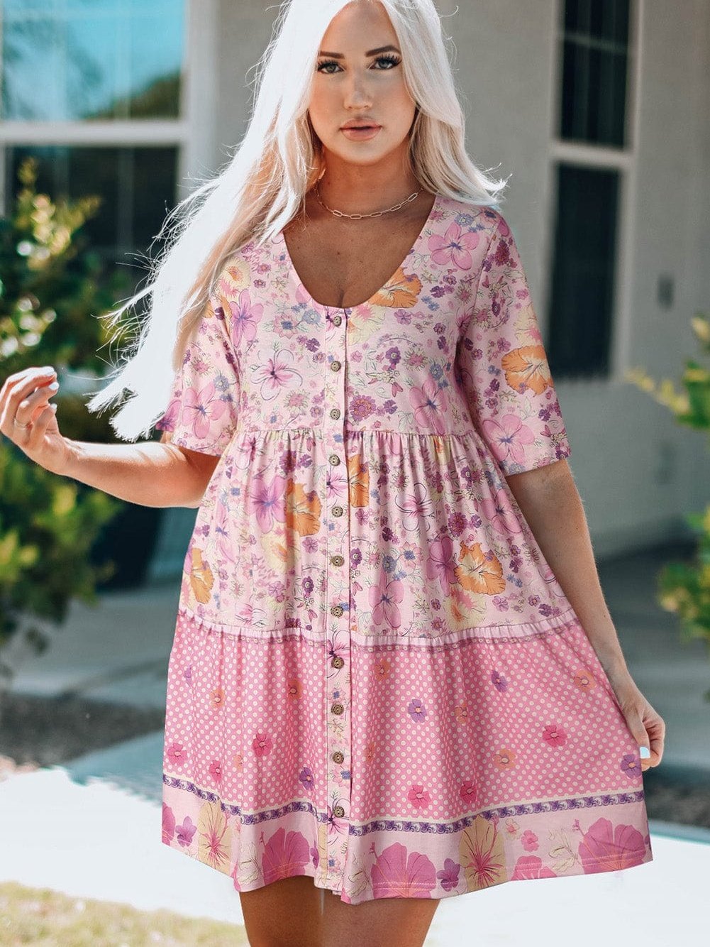 Vibrant Hibiscus Blossom Ruffled Mini Dress