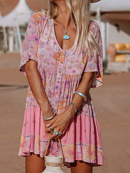 Vibrant Hibiscus Blossom Ruffled Mini Dress