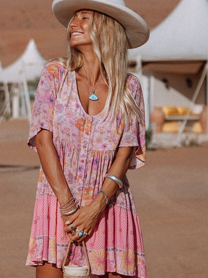 Vibrant Hibiscus Blossom Ruffled Mini Dress