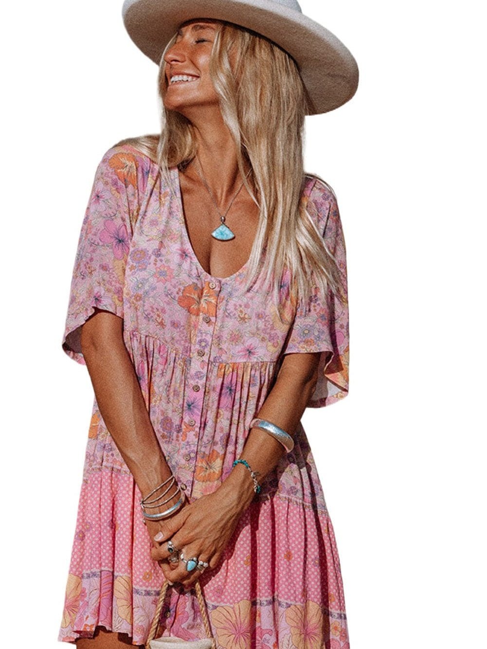 Vibrant Hibiscus Blossom Ruffled Mini Dress