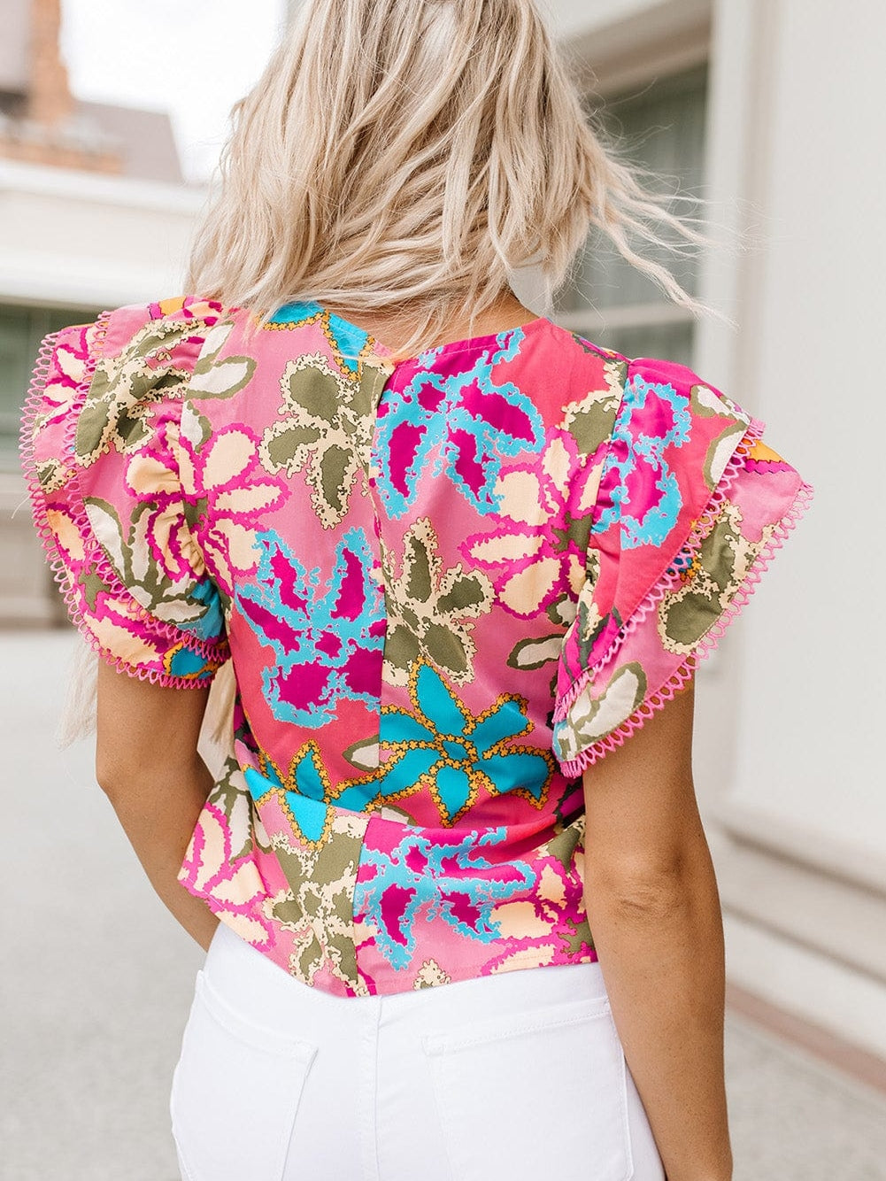 Vibrant Multicolored Floral Ruffle Sleeve Top
