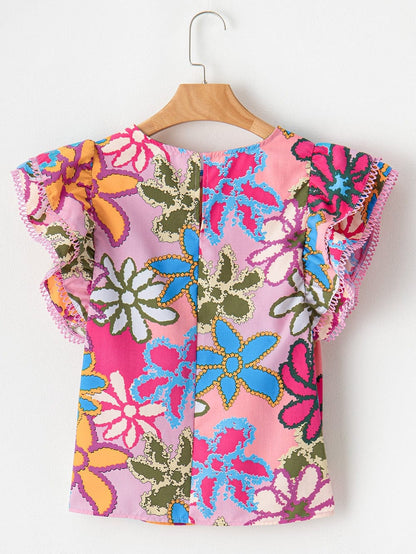 Vibrant Multicolored Floral Ruffle Sleeve Top