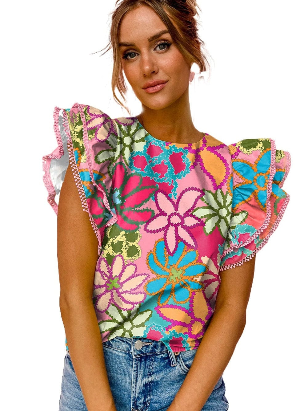 Vibrant Multicolored Floral Ruffle Sleeve Top