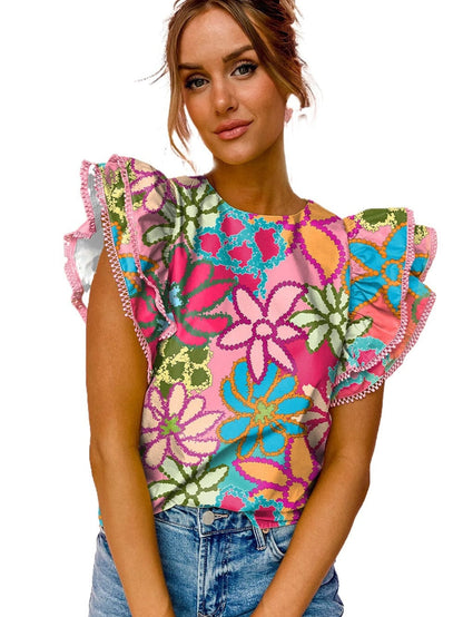 Vibrant Multicolored Floral Ruffle Sleeve Top