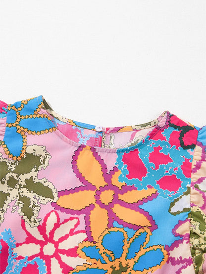 Vibrant Multicolored Floral Ruffle Sleeve Top