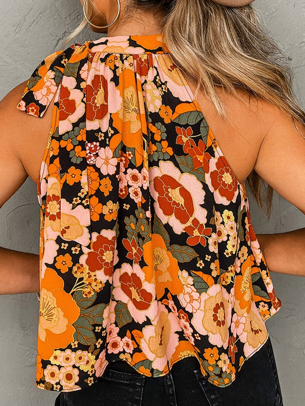 Vibrant Orange Floral Print Ruffled Halter Top