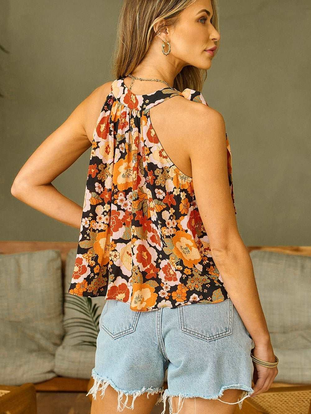 Vibrant Orange Floral Print Ruffled Halter Top