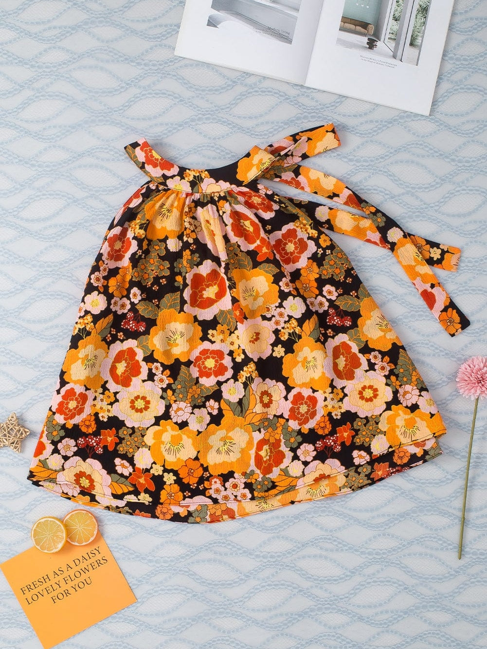 Vibrant Orange Floral Print Ruffled Halter Top