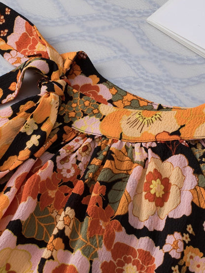 Vibrant Orange Floral Print Ruffled Halter Top