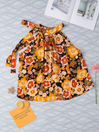 Vibrant Orange Floral Print Ruffled Halter Top