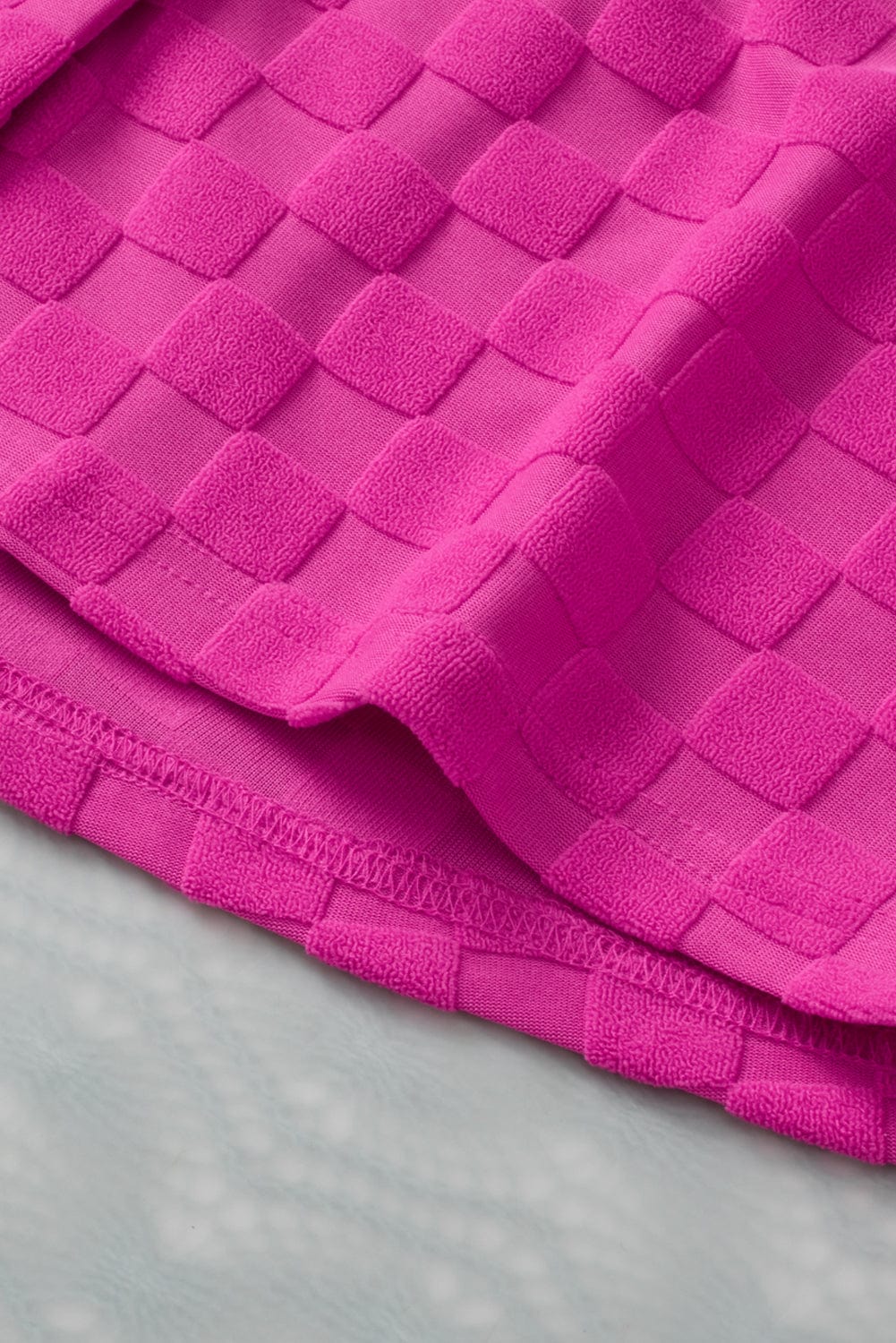 Vibrant Pink Checkered Lapel Collar Textured Shirt with Short Sleeves