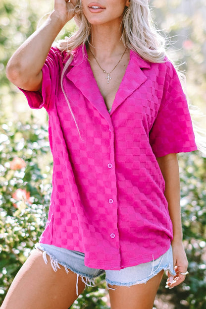 Vibrant Pink Checkered Lapel Collar Textured Shirt with Short Sleeves