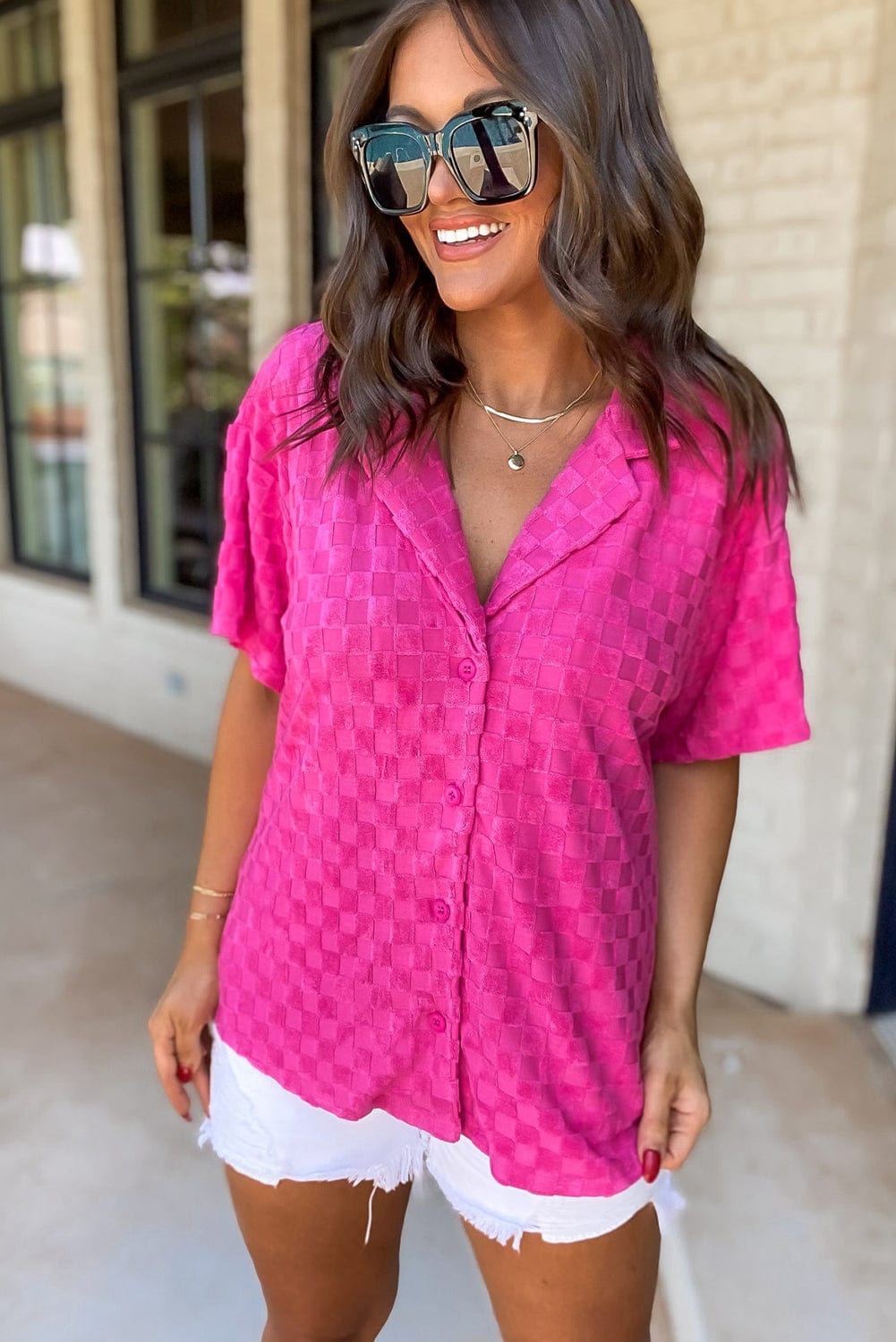 Vibrant Pink Checkered Lapel Collar Textured Shirt with Short Sleeves