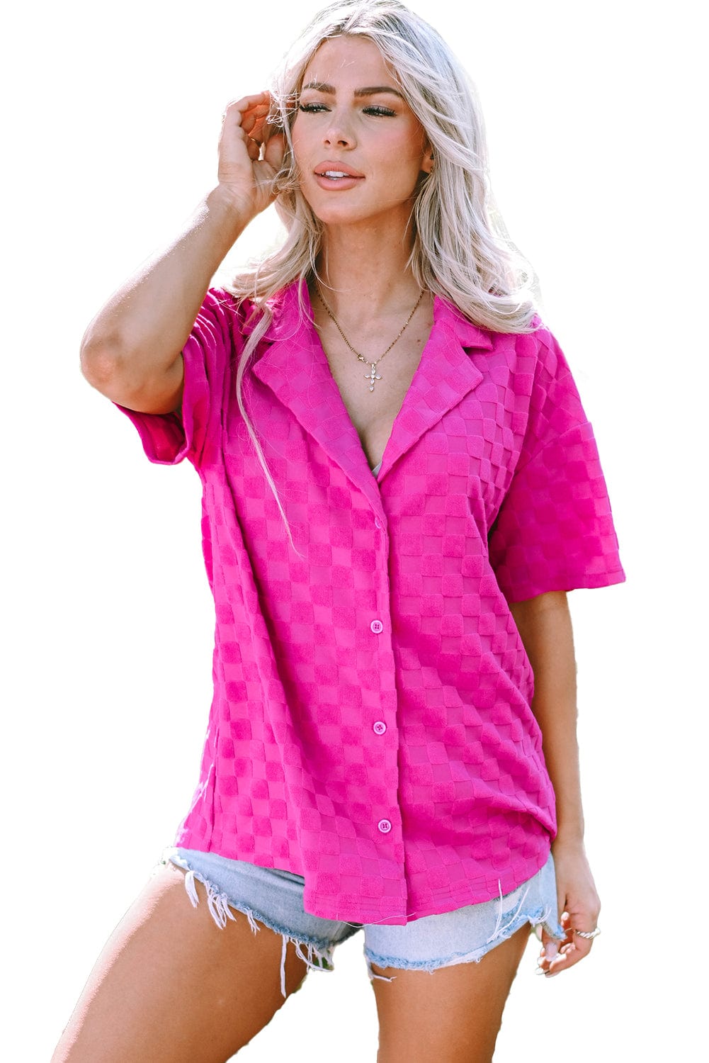 Vibrant Pink Checkered Lapel Collar Textured Shirt with Short Sleeves