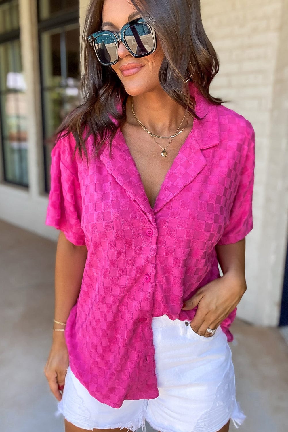 Vibrant Pink Checkered Lapel Collar Textured Shirt with Short Sleeves
