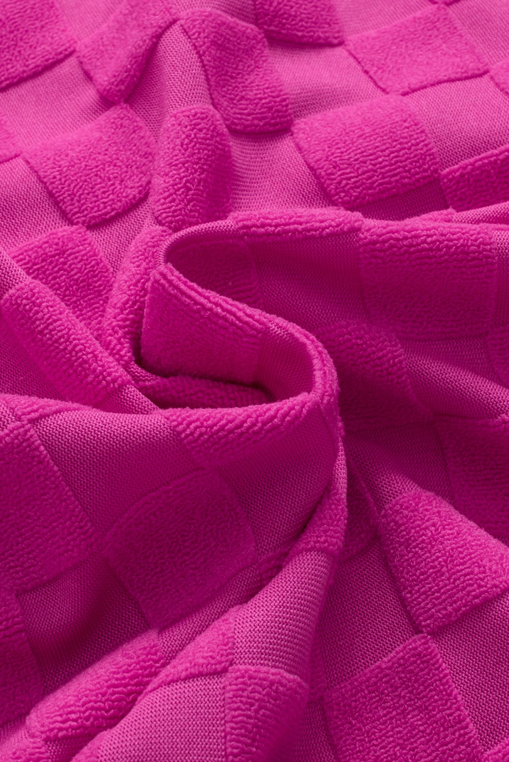 Vibrant Pink Checkered Lapel Collar Textured Shirt with Short Sleeves