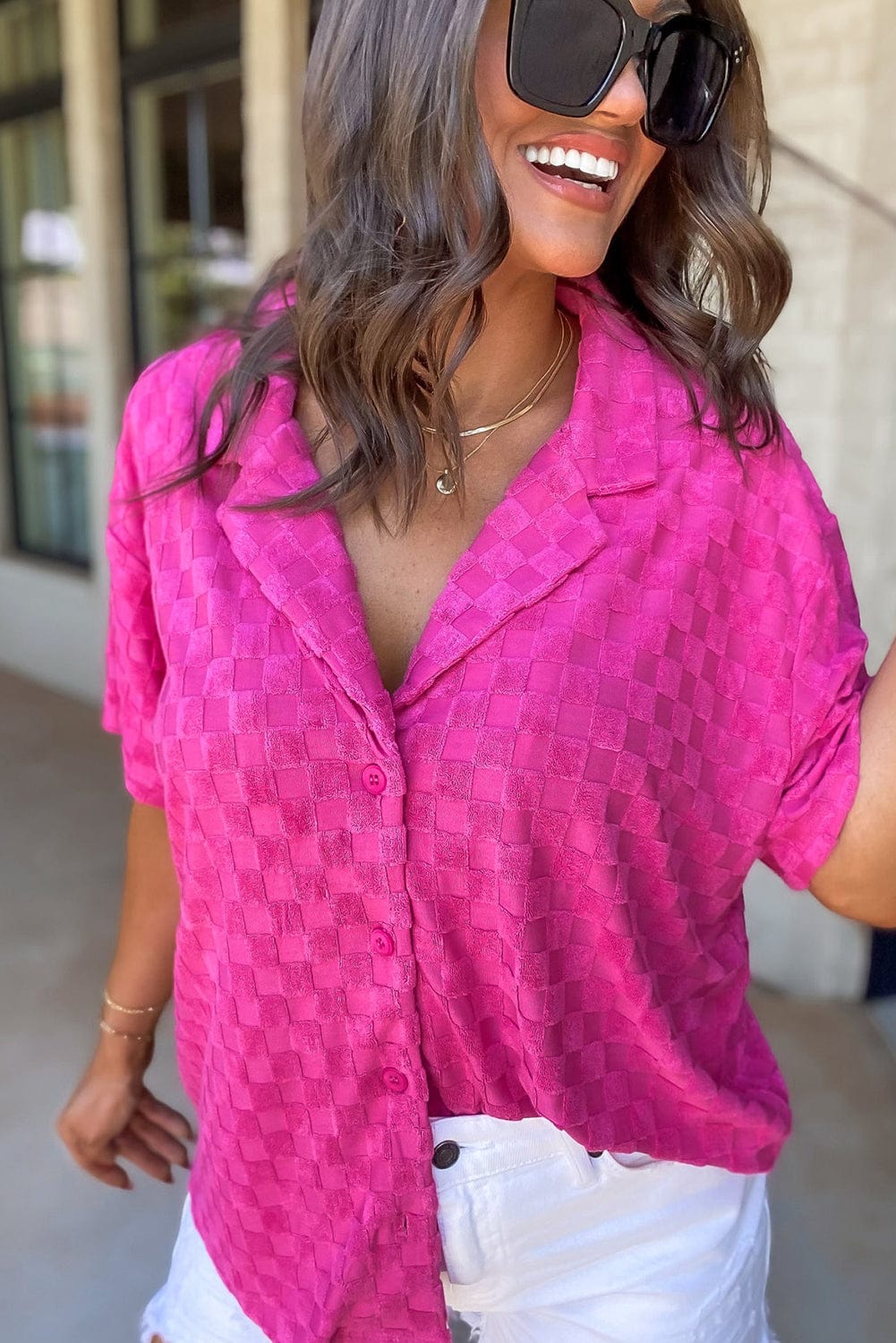 Vibrant Pink Checkered Lapel Collar Textured Shirt with Short Sleeves
