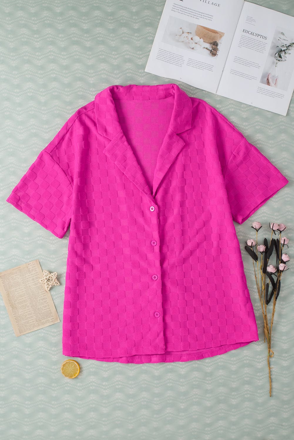 Vibrant Pink Checkered Lapel Collar Textured Shirt with Short Sleeves