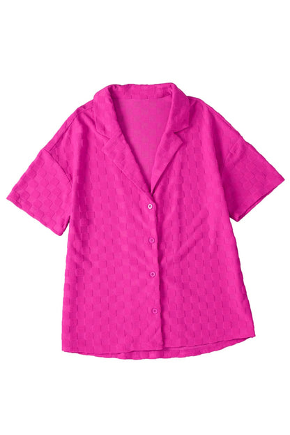 Vibrant Pink Checkered Lapel Collar Textured Shirt with Short Sleeves