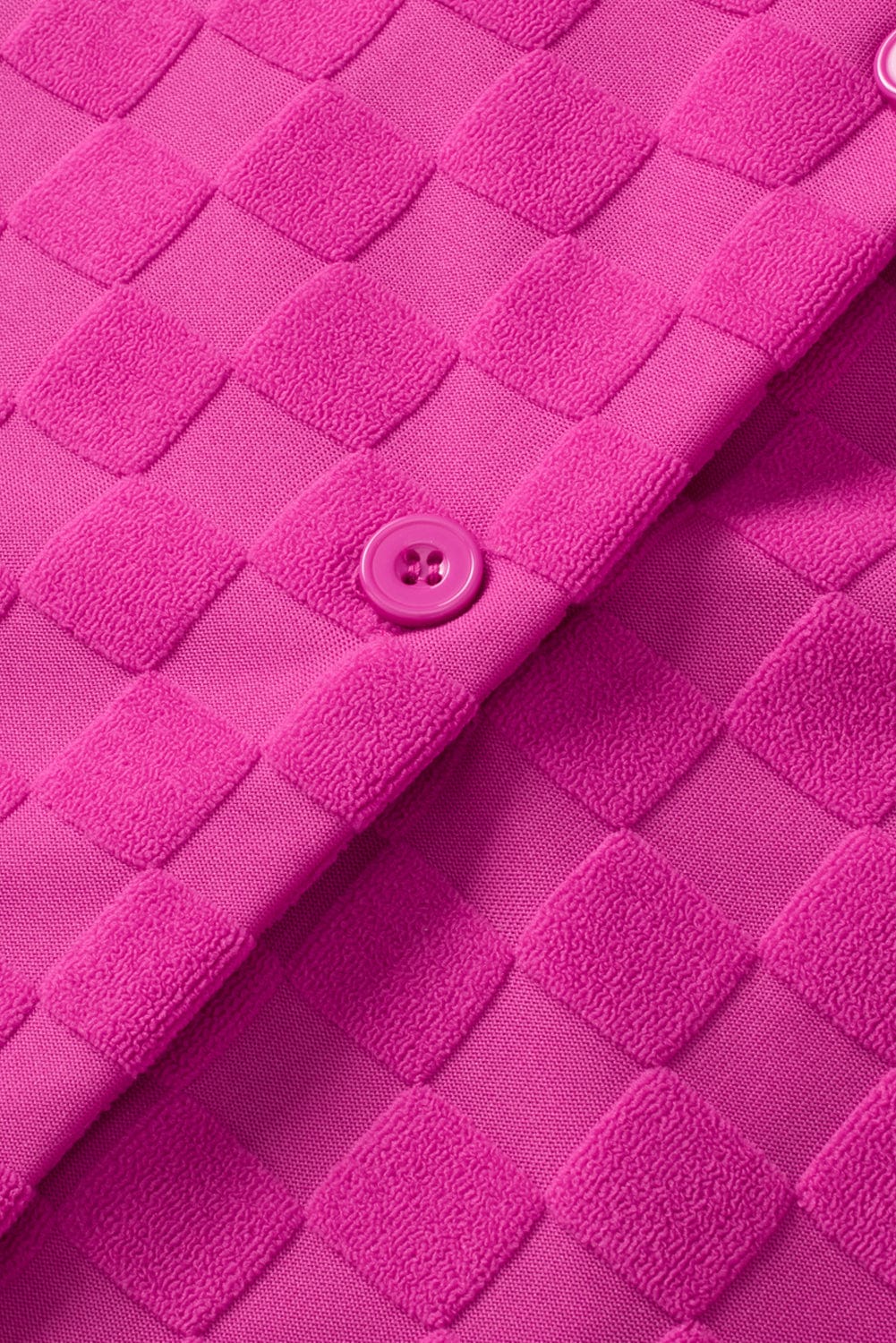 Vibrant Pink Checkered Lapel Collar Textured Shirt with Short Sleeves