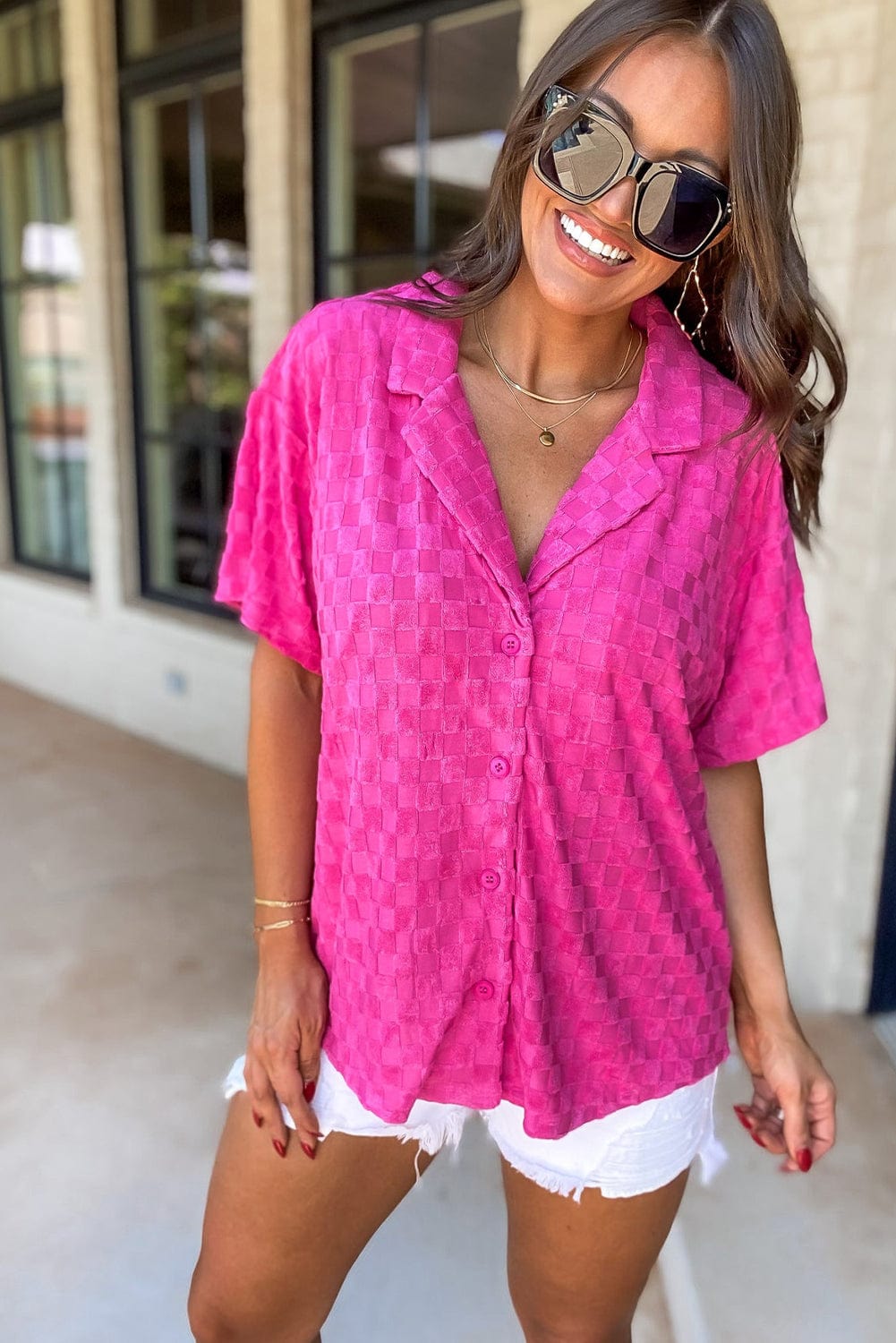 Vibrant Pink Checkered Lapel Collar Textured Shirt with Short Sleeves