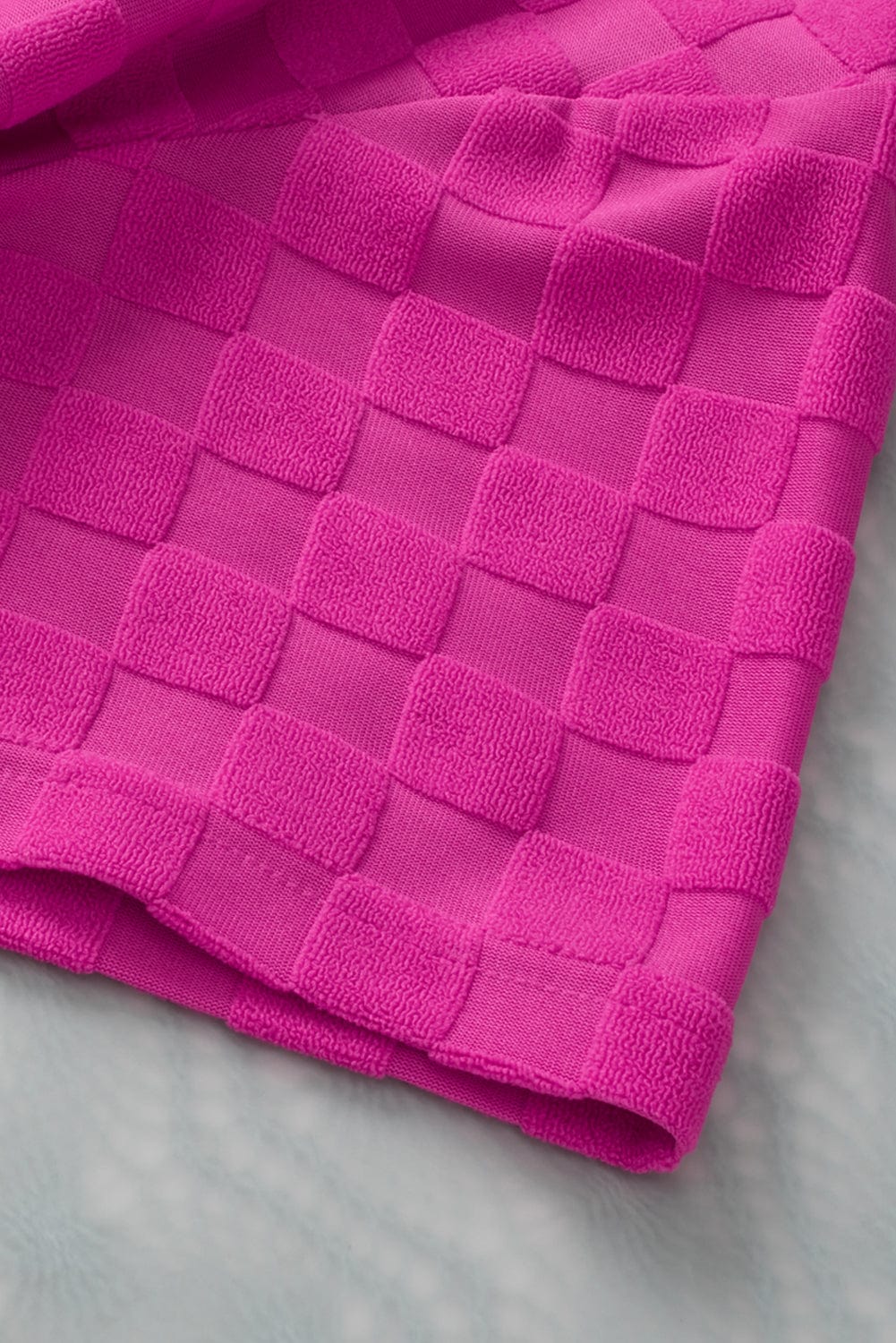 Vibrant Pink Checkered Lapel Collar Textured Shirt with Short Sleeves