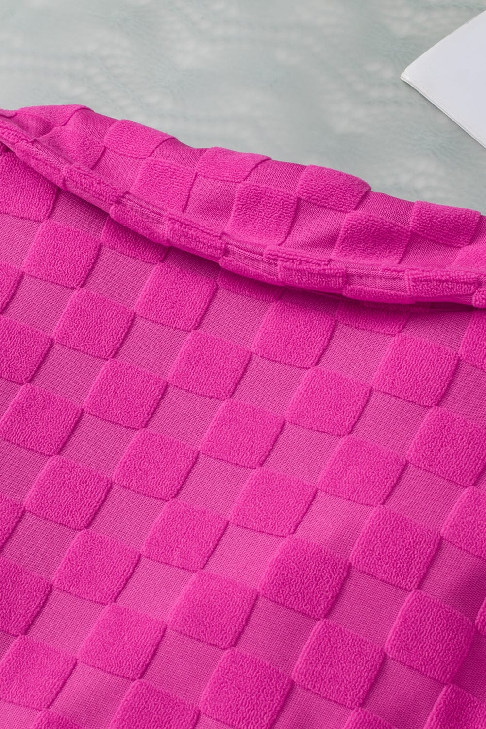 Vibrant Pink Checkered Lapel Collar Textured Shirt with Short Sleeves