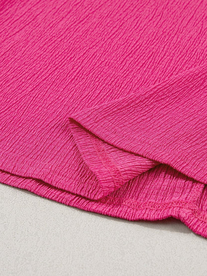 Vibrant Pink Crinkled V Neck Oversized Sleeve Top