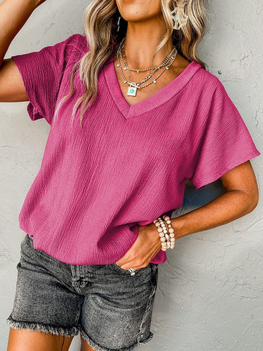 Vibrant Pink Crinkled V Neck Oversized Sleeve Top