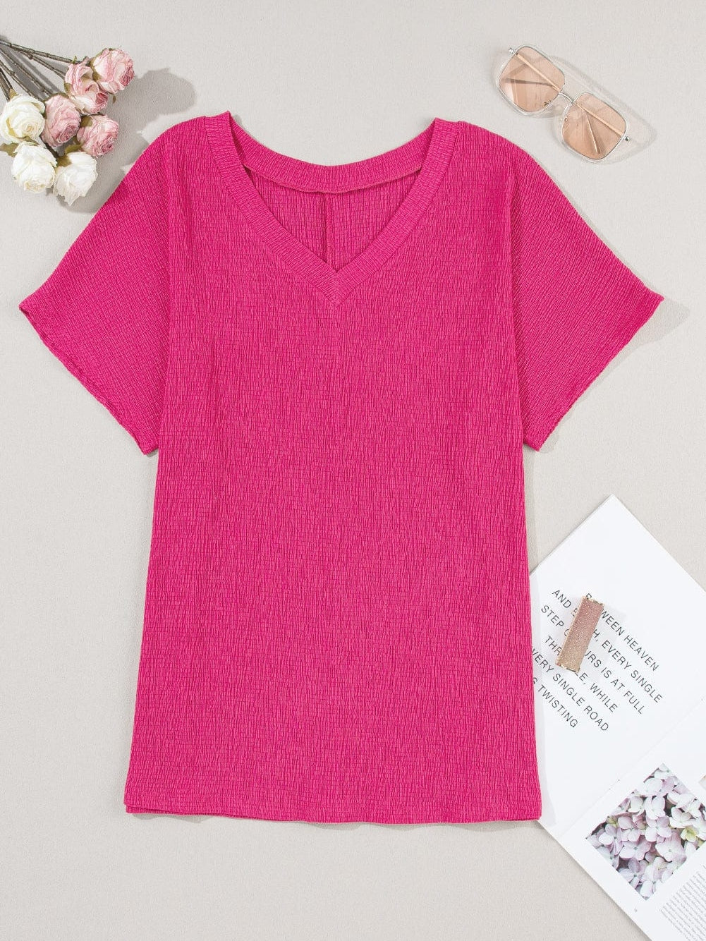 Vibrant Pink Crinkled V Neck Oversized Sleeve Top