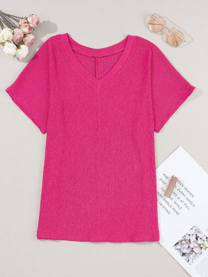 Vibrant Pink Crinkled V Neck Oversized Sleeve Top
