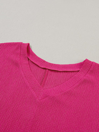 Vibrant Pink Crinkled V Neck Oversized Sleeve Top