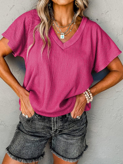 Vibrant Pink Crinkled V Neck Oversized Sleeve Top