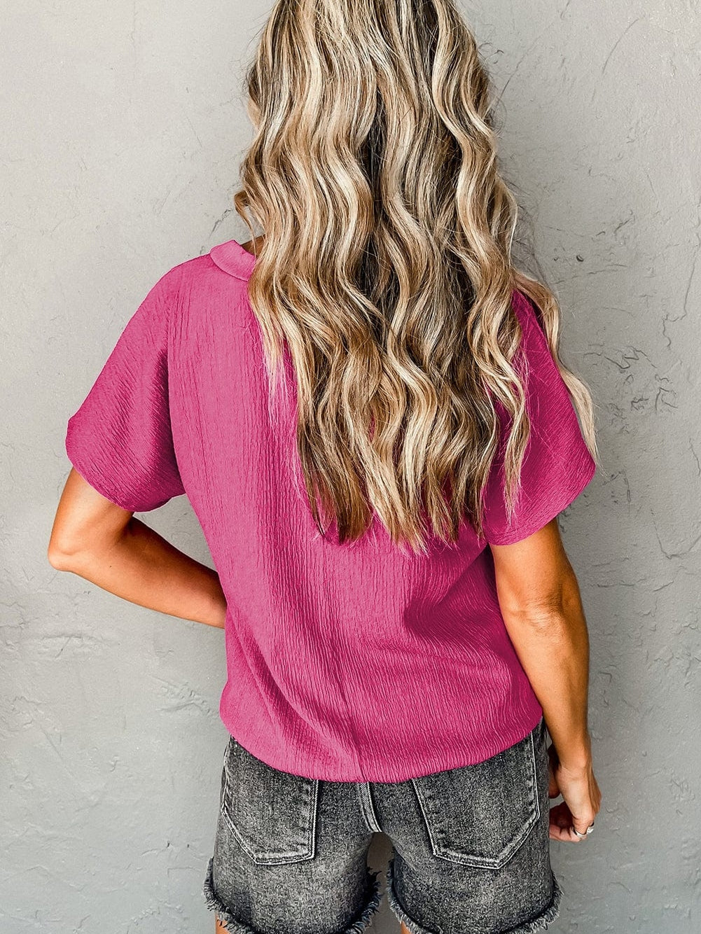 Vibrant Pink Crinkled V Neck Oversized Sleeve Top