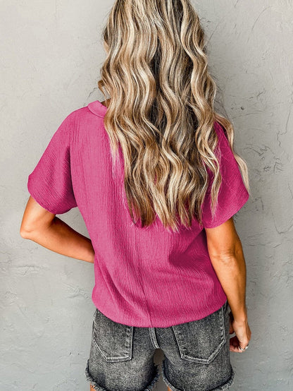 Vibrant Pink Crinkled V Neck Oversized Sleeve Top