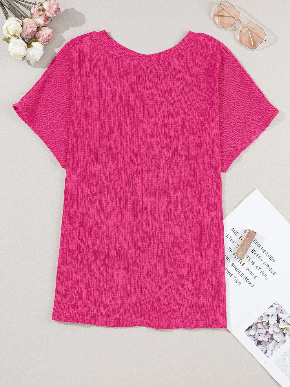 Vibrant Pink Crinkled V Neck Oversized Sleeve Top