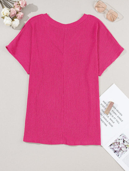 Vibrant Pink Crinkled V Neck Oversized Sleeve Top
