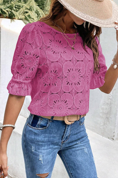 Vibrant Pink Floral Lace Keyhole Blouse with Flounce Sleeves