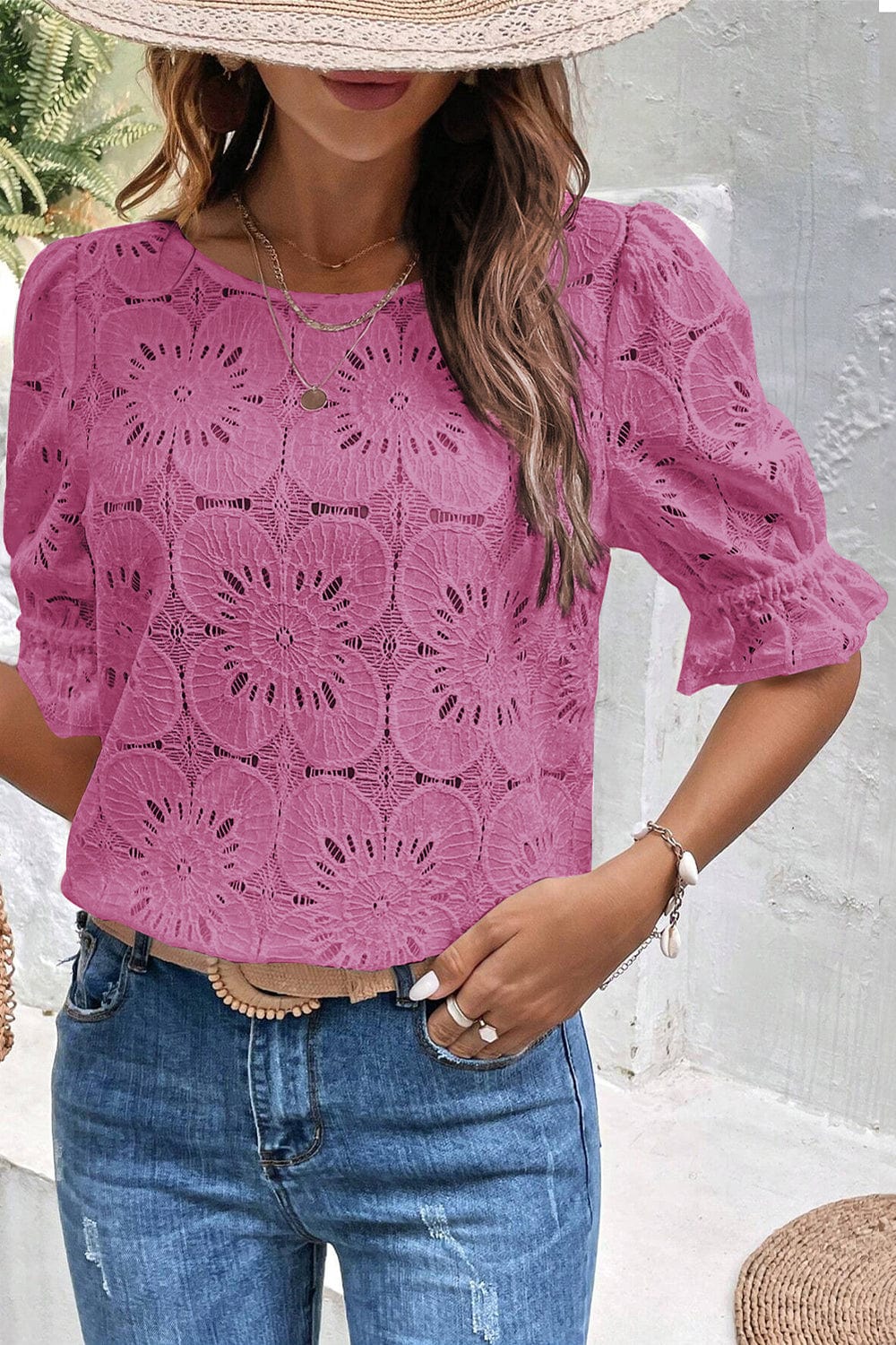 Vibrant Pink Floral Lace Keyhole Blouse with Flounce Sleeves