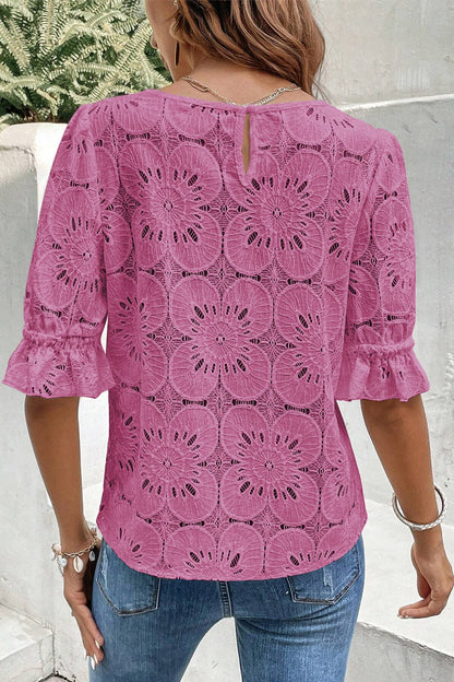 Vibrant Pink Floral Lace Keyhole Blouse with Flounce Sleeves