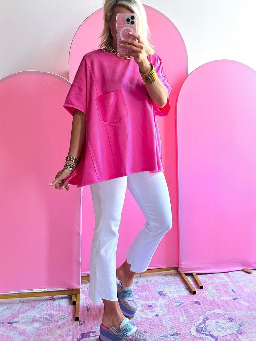 Vibrant Pink Oversized T-shirt with Patched Pocket and Exposed Seam