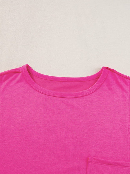 Vibrant Pink Oversized T-shirt with Patched Pocket and Exposed Seam