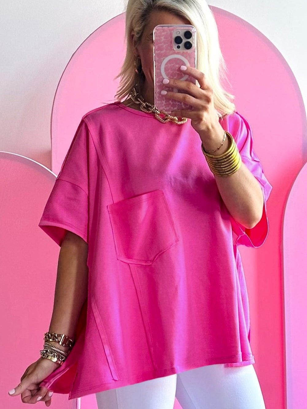 Vibrant Pink Oversized T-shirt with Patched Pocket and Exposed Seam